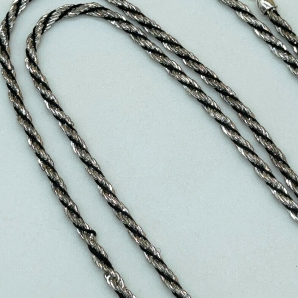 Puffy Heart Necklace Silver Tone Open Work Scroll Design Black Silver Rope Chain - Picture 4 of 8